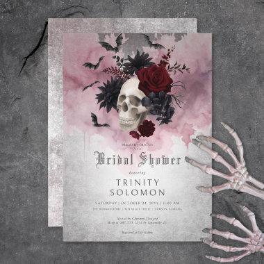 Gothic Black & Burgundy Skull & Bats Bridal Shower Invitations