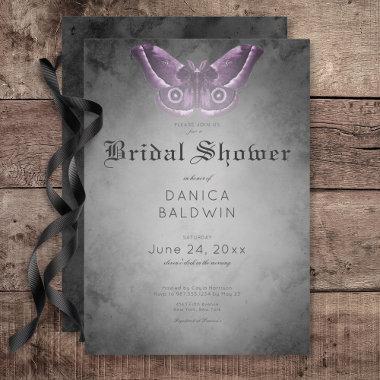 Gothic Black Watercolor Purple Moth Bridal Shower Invitations