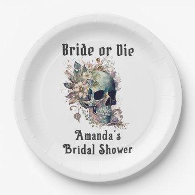 Gothic Floral Skull Bride or Die Bridal Shower Paper Plates