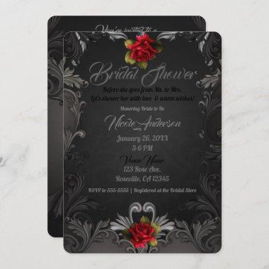 Gothic Glamour Red Rose Ornamental Bridal Shower Invitations