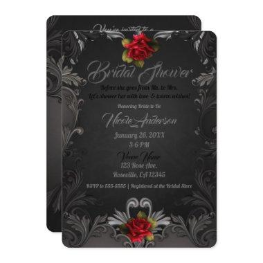 Gothic Glamour Red Rose Ornamental Bridal Shower Invitations