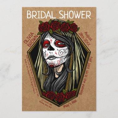 Gothic Lady Skull Coffin Dark Red Bridal Shower Invitations