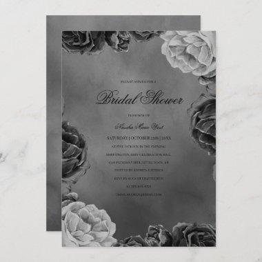 Gothic Moody Monochrome Grey Floral Bridal Shower Invitations