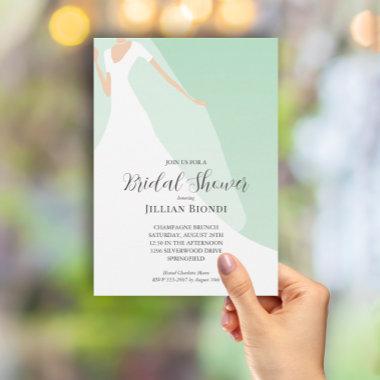 Gown and Veil on Mint Green Bridal Shower Invitations