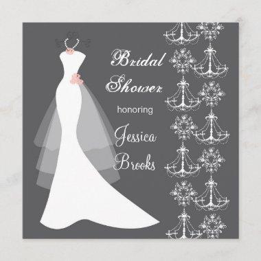 Gown, chandeliers on gray Bridal Shower Invitations