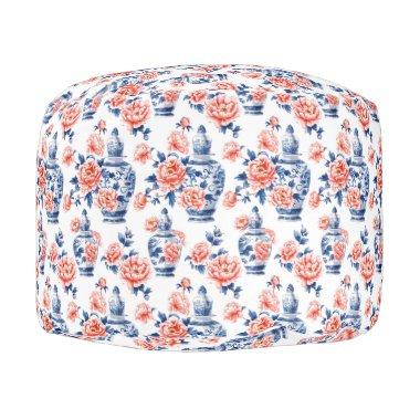 Grandmillenial Chinoiserie Ginger Jar Pink Peonies Pouf