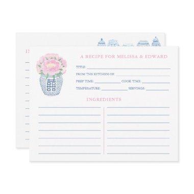 Grandmillenial Pink Peony Blue & White Recipe Invitations