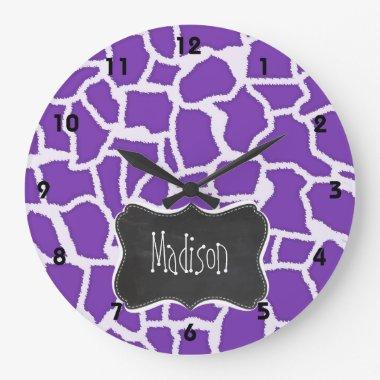 Grape Purple Giraffe Animal Print; Chalkboard look Large Clock