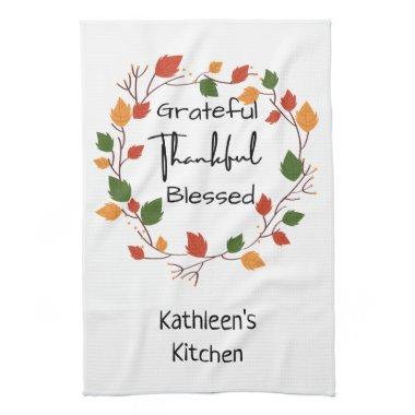 Grateful Thankful Blessed Leaves Fall Orange Red Kitchen Towel