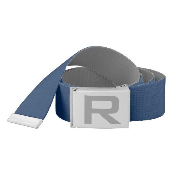 Gray and navy blue reversible belt with monogram