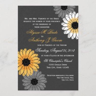 Gray and Yellow Slate and Flowers Wedding Invitations