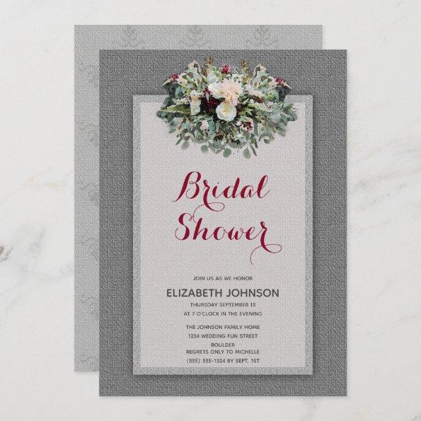 Gray Burgundy Floral Watercolor Bridal Shower Invitations