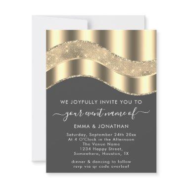 Gray Faux Gold Border Wave QR Code Wedding