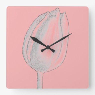 Gray Floral Salmon Pink Orange Tulips Cute Square Wall Clock