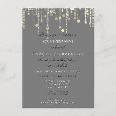 Gray Gold Drips Confetti Bridal Birthday Invitations