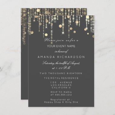Gray Grey Gold Drips Birthday Bridal Shower Invitations