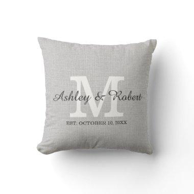 Gray Linen Coal White Monogram Wedding Keepsake Throw Pillow