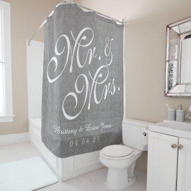 Gray Linen Look Mr. and Mrs. Names Date Wedding Shower Curtain