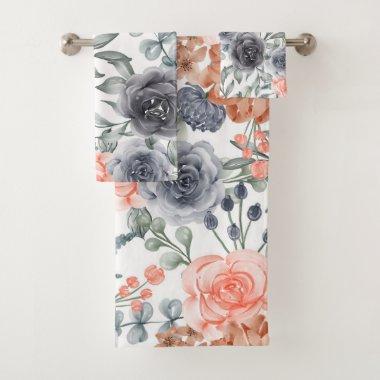 Gray orange trendy floral bath towel set