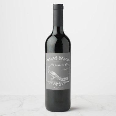 Gray Peacock Flourish Wedding Wine Label