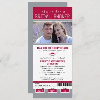 Gray Red Football Ticket Bridal Shower Invitations