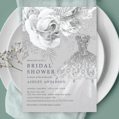 Gray & Silver Floral Wedding Dress Bridal Shower Invitations