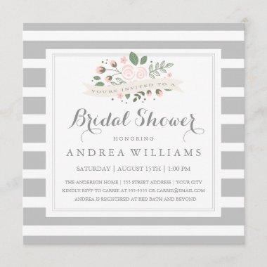 Gray Stripe and Floral Bridal Shower Invite