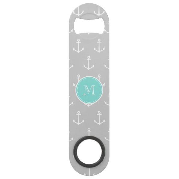 Gray White Anchors Pattern, Mint Monogram Bar Key