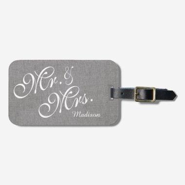 Gray White Linen Custom Mr. and Mrs. Wedding Luggage Tag