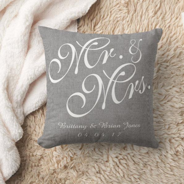 Gray White Linen Mr. and Mrs. Wedding Pillow