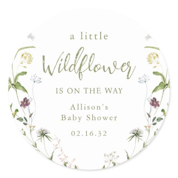 Green A Little Wildflower Rustic Boho Baby Shower Classic Round Sticker