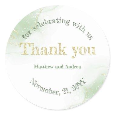 Green and Gold Calligraphy Wedding Thank you Classic Round Sticker