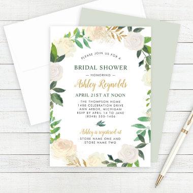 Green and Gold Floral Wreath Wedding Bridal Shower Invitations