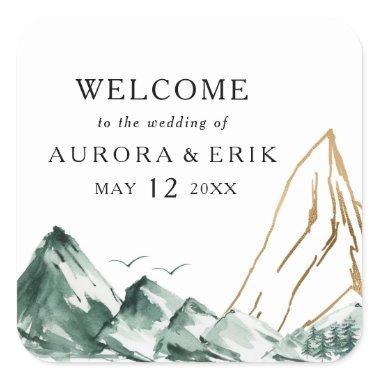Green and Gold Mountain Wedding Welcome Square Sticker
