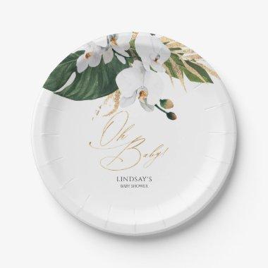 Green and Gold Palm Leaves White Orchids Elegant Paper Plates