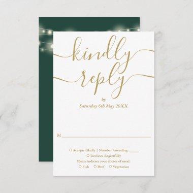 Green And Gold Script String Lights Wedding RSVP Card