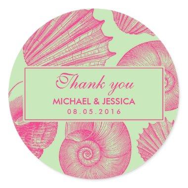 Green and Pink Seashell Wedding Thank You Sticker