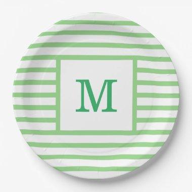 Green and White Stripes Custom Monogram Paper Plates