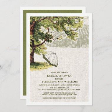 Green Beige Vintage Oak Tree Burlap Bridal Shower Invitations