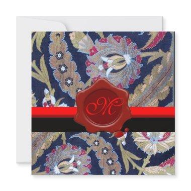 GREEN & BLACK BLUE DAMASK, RED WAX SEAL MONOGRAM