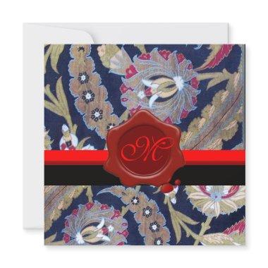 GREEN & BLACK BLUE DAMASK, RED WAX SEAL MONOGRAM Invitations