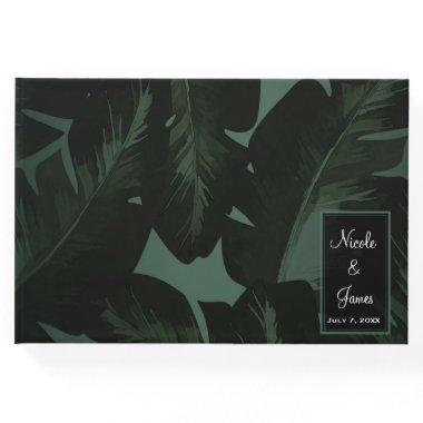 Green & Black Chic Tropical Leaves Wedding Guest Book