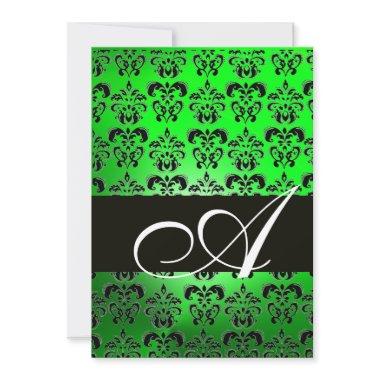 GREEN BLACK DAMASK MONOGRAM ,bright white Invitations