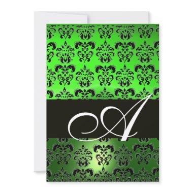 GREEN BLACK DAMASK MONOGRAM ,bright white
