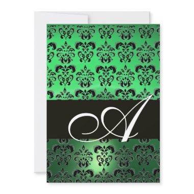 GREEN BLACK DAMASK MONOGRAM ,bright white