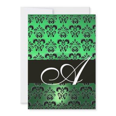 GREEN BLACK DAMASK MONOGRAM ,bright white Invitations