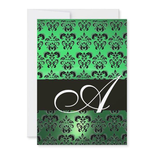 GREEN BLACK DAMASK MONOGRAM ,bright white