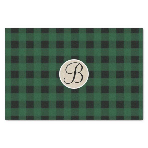 Green Black Plaid Checker Rustic Monogram Initial Tissue Paper