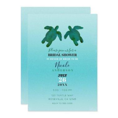 Green Blue Watercolor Ocean Turtles Bridal Shower Invitations