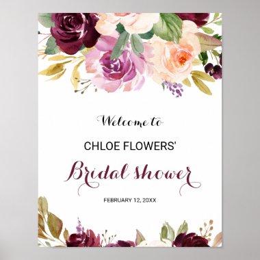 Green Blush Burgundy Floral Bridal Shower Welcome Poster